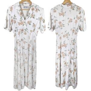 Vintage Floral White Sundress Midi Fit n Flare Collar Button Front Cottagecore S